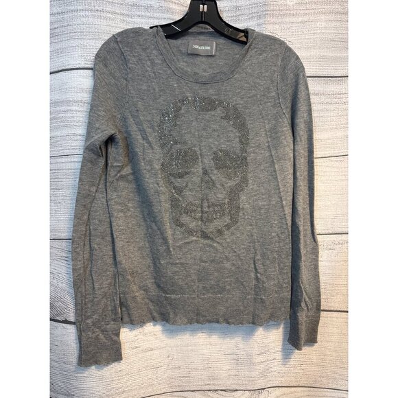 Zadig & Voltaire Grey Skull Studded Long Sleeve Cashmere Sweater Size S - Picture 1 of 5